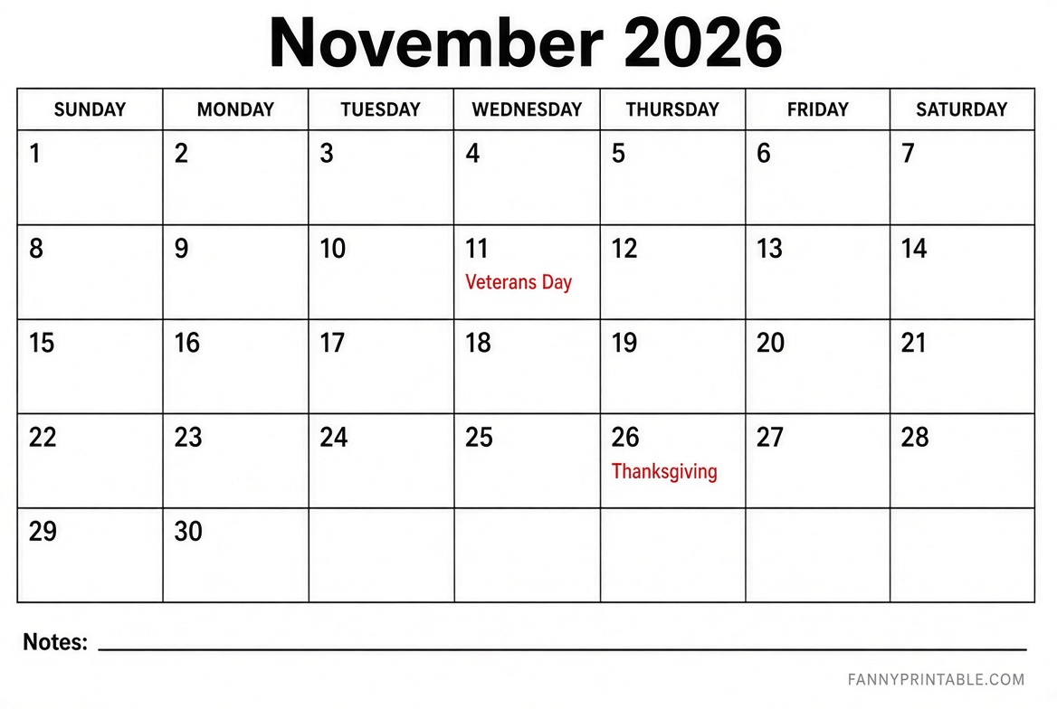 November 2026 Calendar Printable Free PDF
