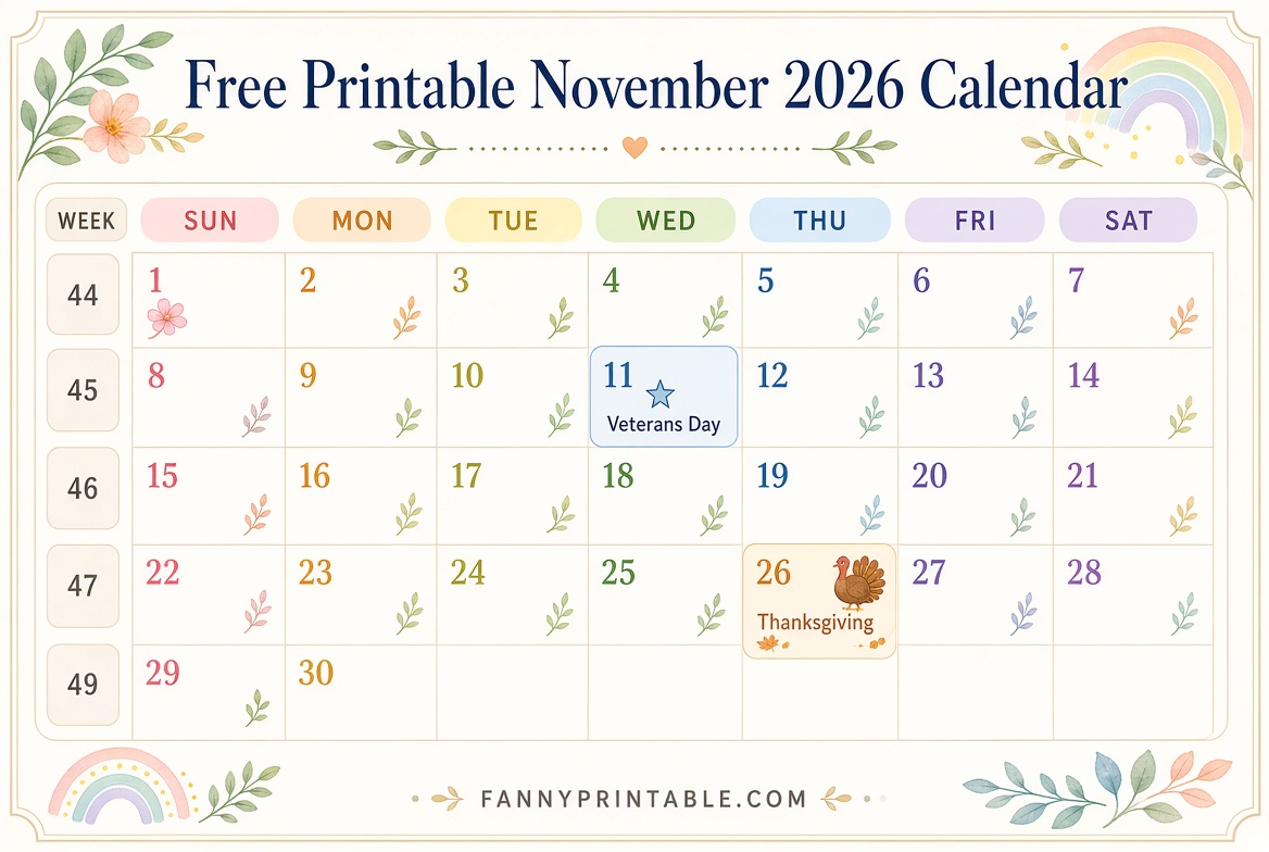November 2026 Calendar Printable Free PDF