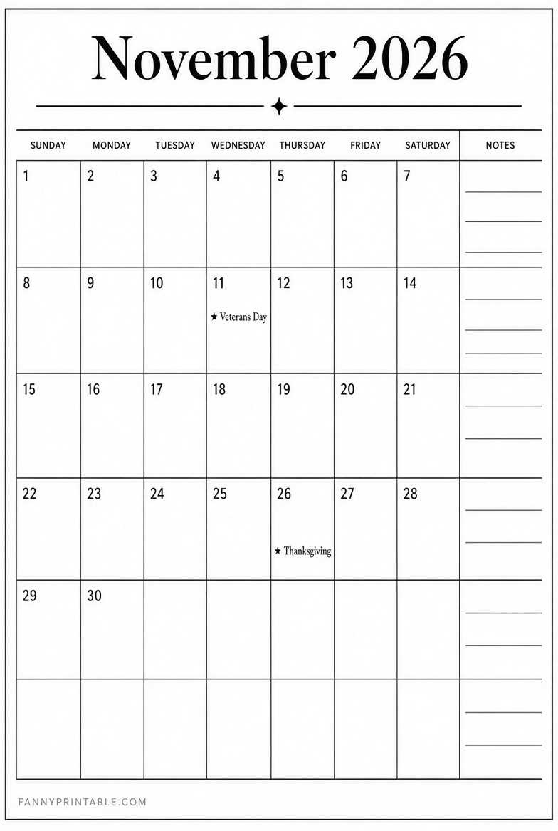 November 2026 Calendar Printable Free PDF