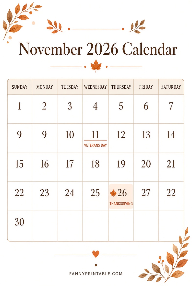 November 2026 Calendar Printable Free PDF
