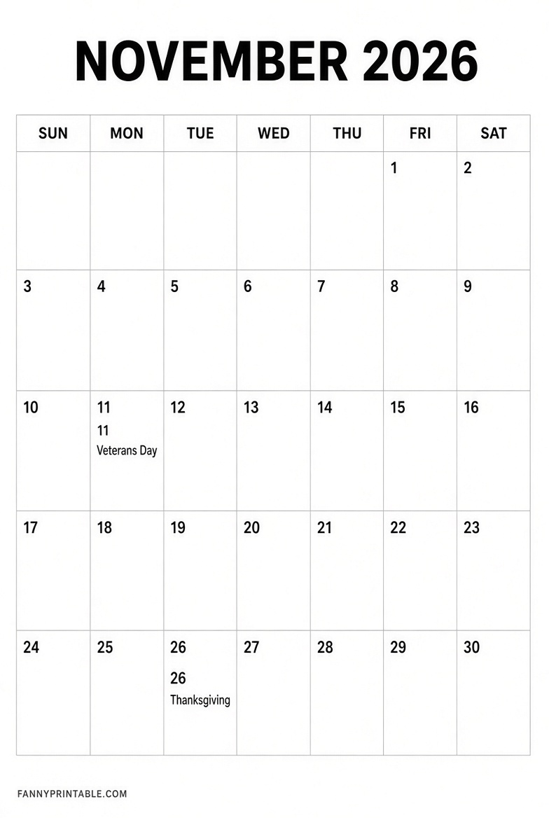 Free November 2026 Printable Calendar PDF