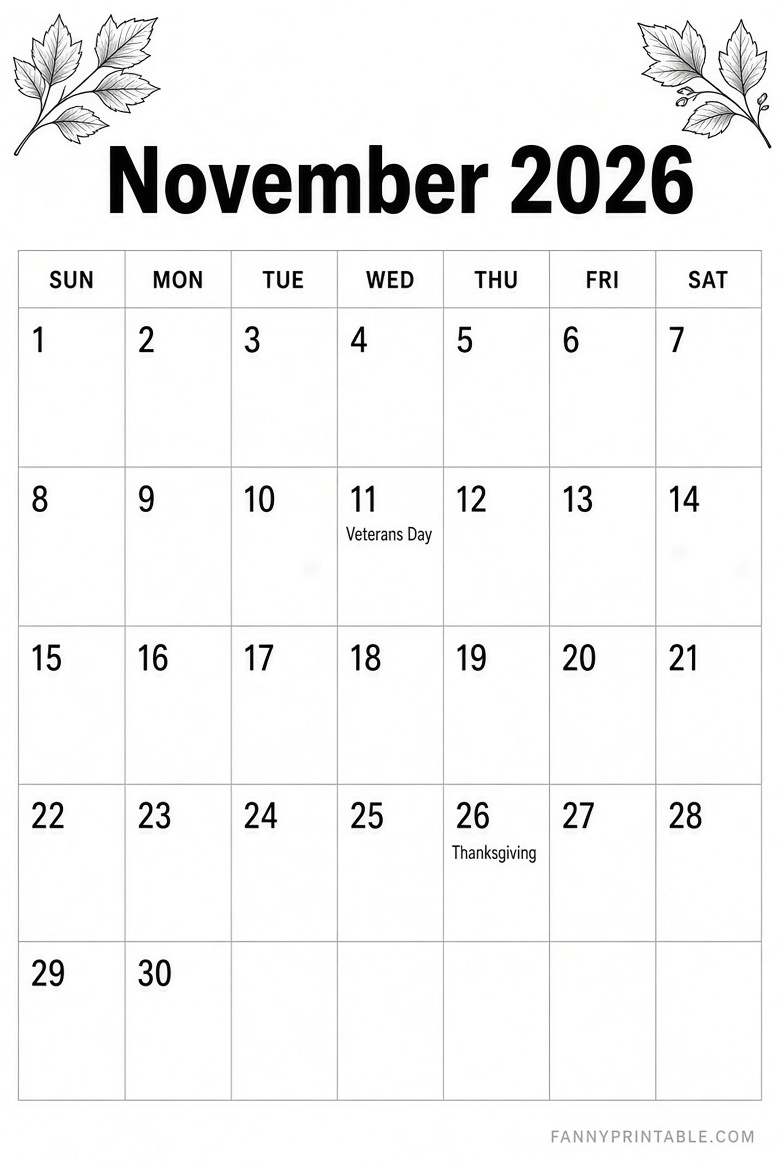 Free Printable November 2026 Calendar Page