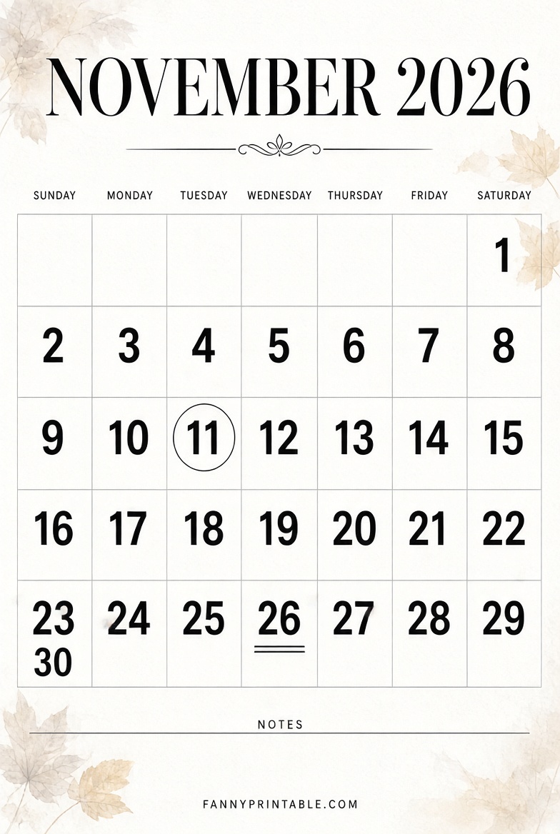 Free Printable November 2026 Calendar Page