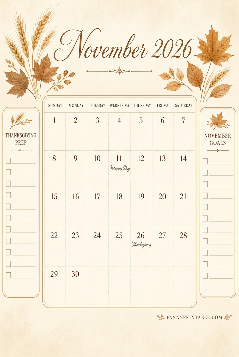 Free Printable November 2026 Calendar Page
