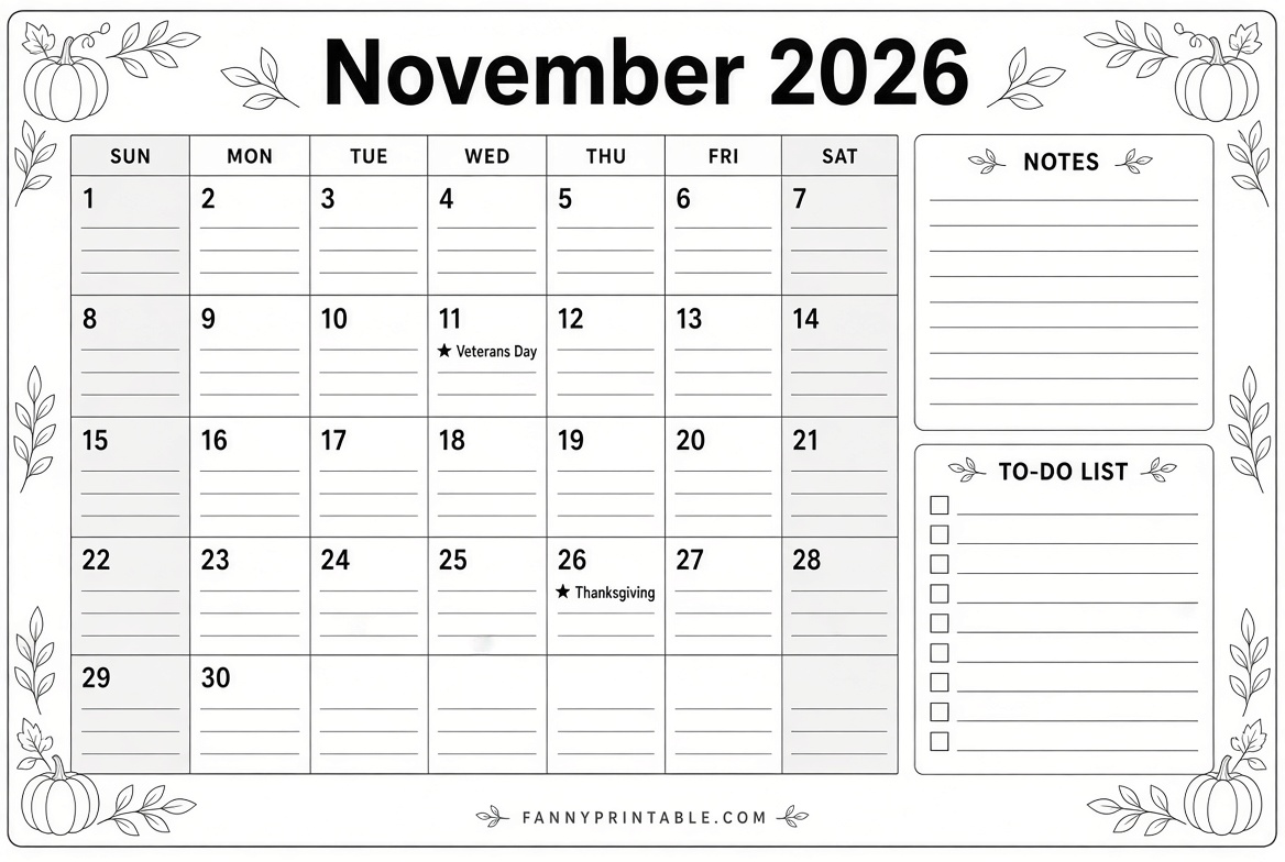 Free Printable November 2026 Calendar Page