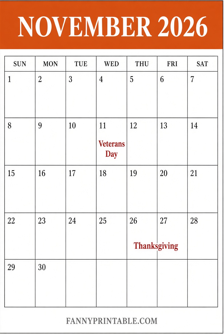 Free Printable November 2026 Calendar with Holidays