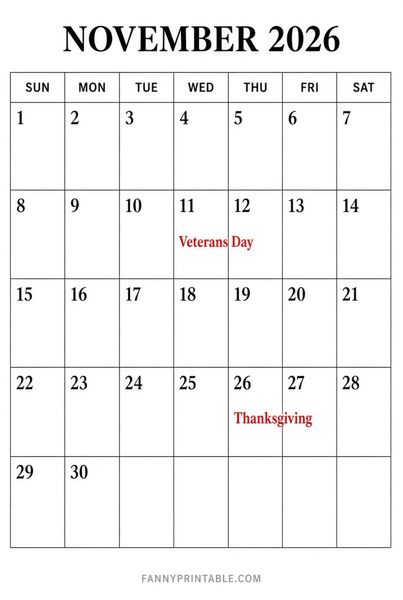 Free Printable November 2026 Calendar with Holidays
