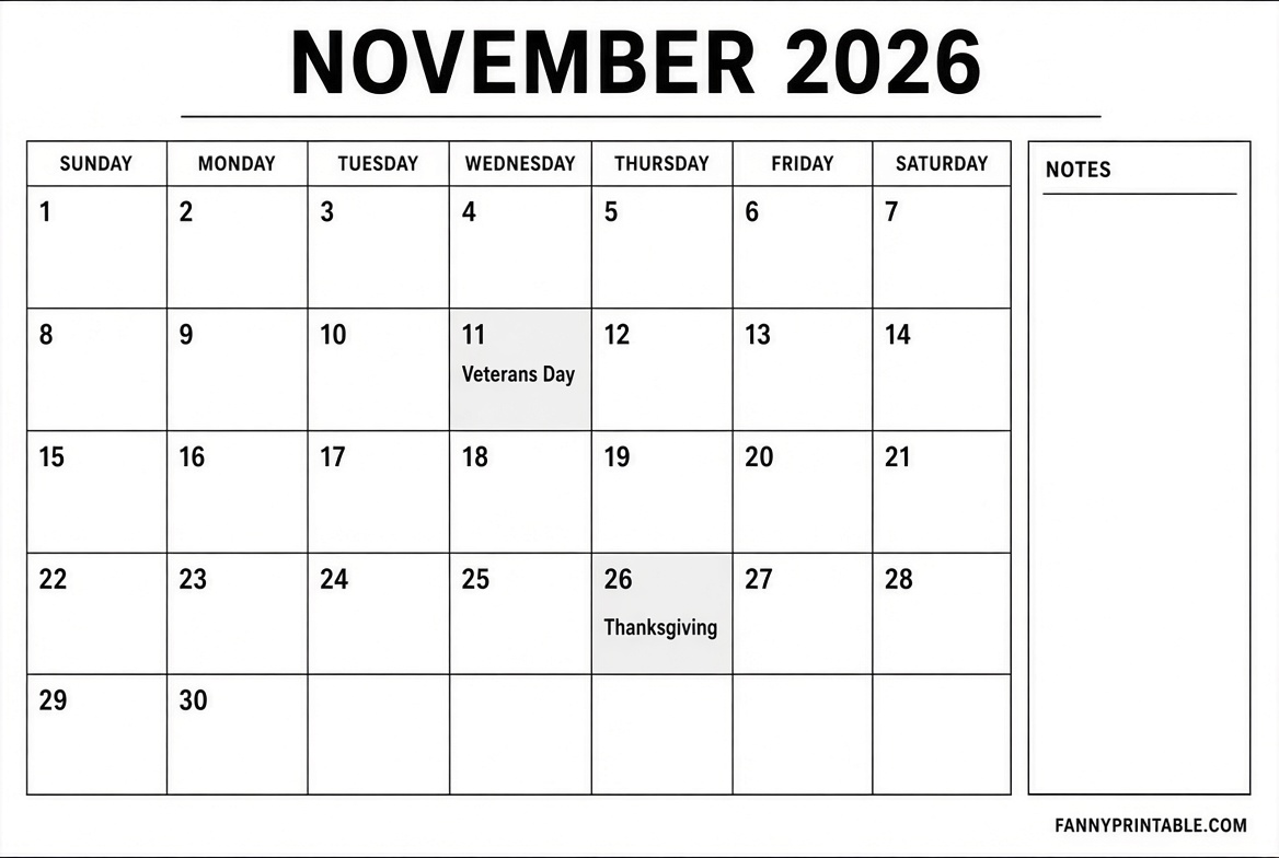 Free Printable November 2026 Calendar with Holidays