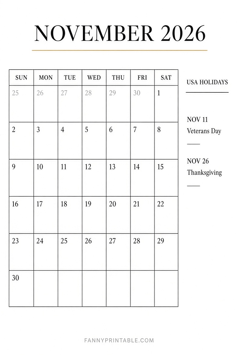 Free Printable November 2026 Calendar with Holidays