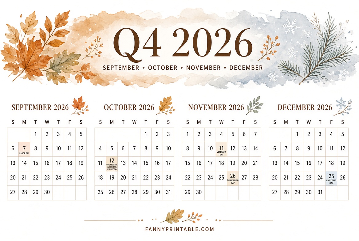 Free Sep-Dec 2026 Printable Calendars
