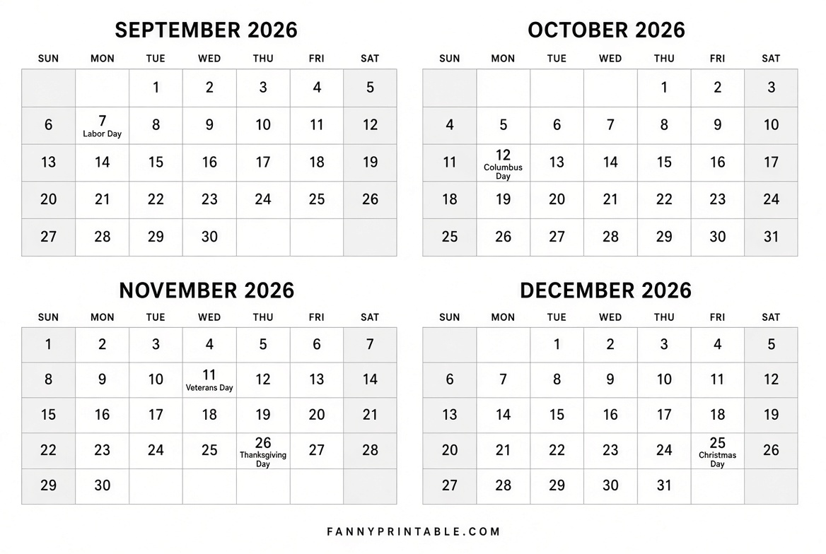 Free Sep-Dec 2026 Printable Calendars
