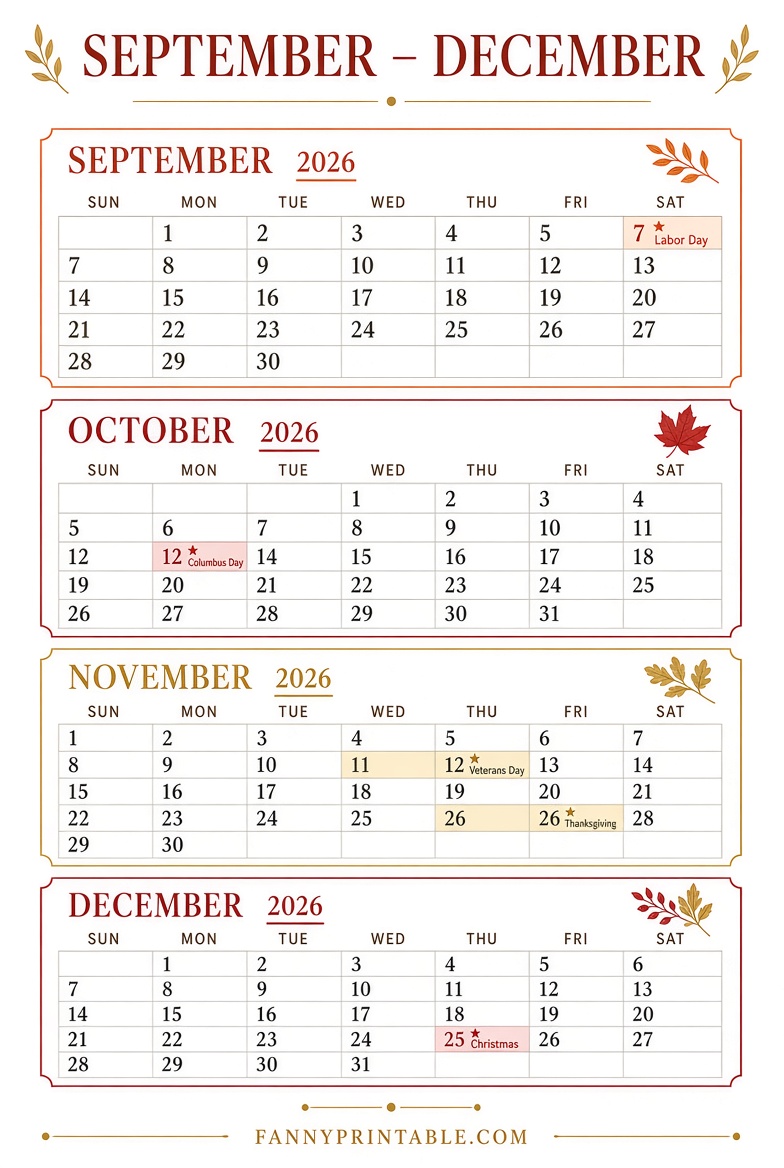 Free Sep-Dec 2026 Printable Calendars