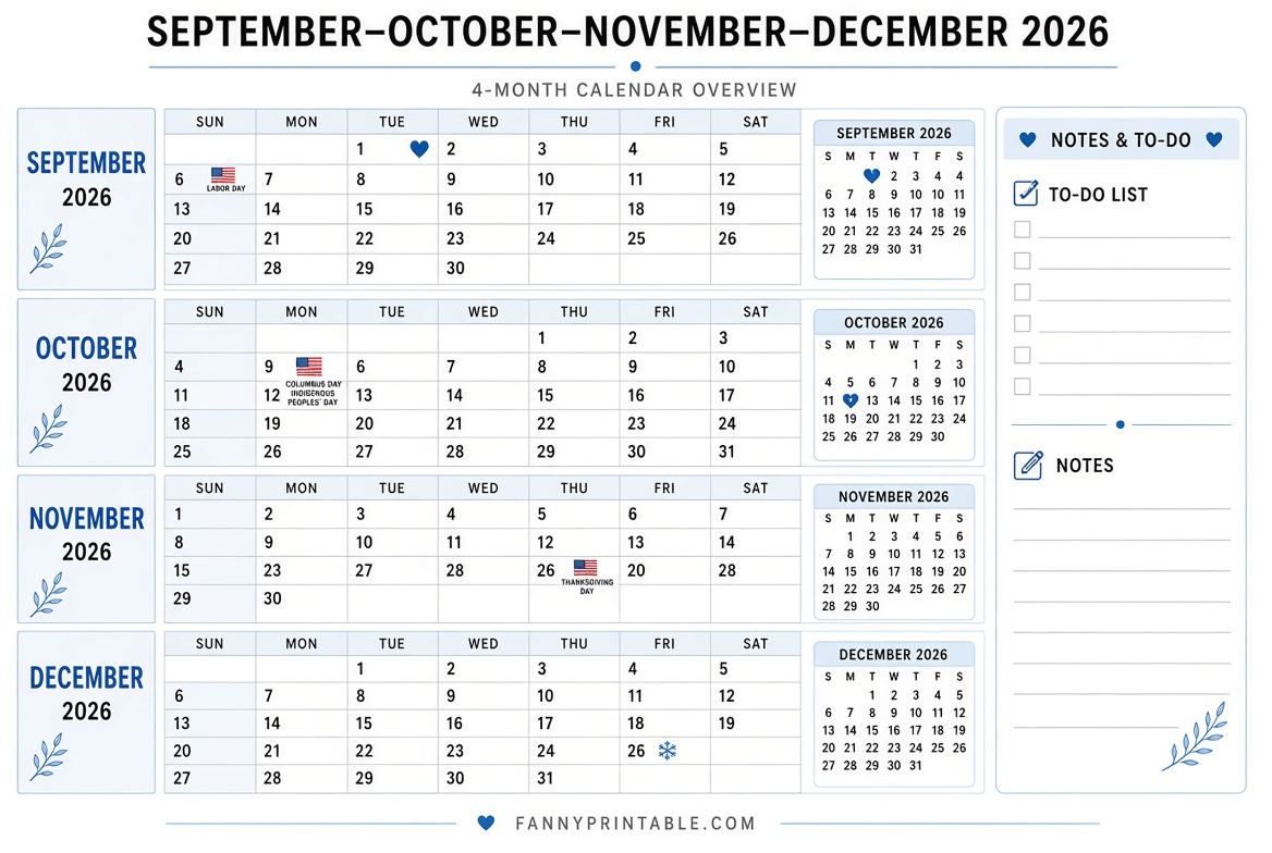 Free Sep-Dec 2026 Printable Calendars