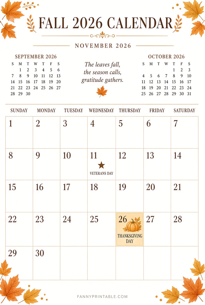Free Sept-Nov 2026 Calendar Printable