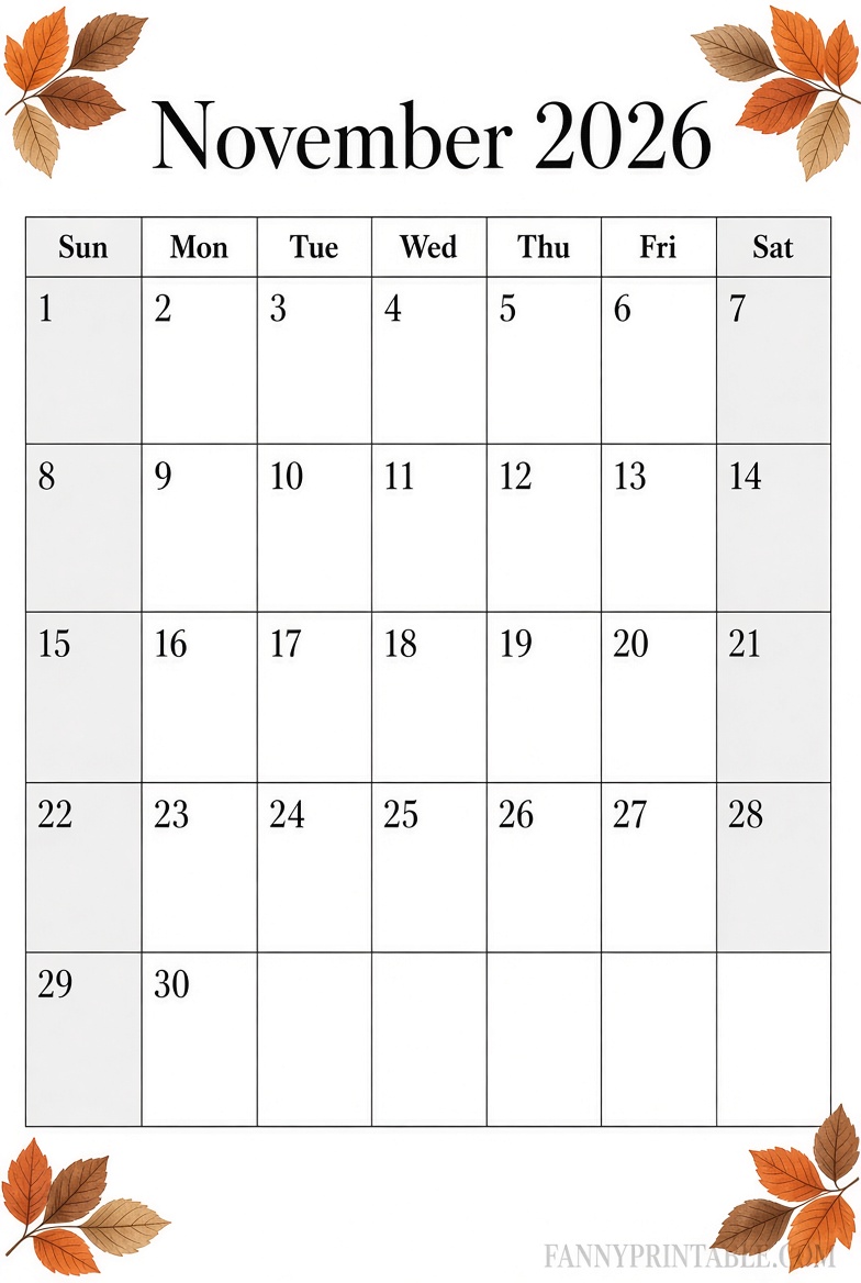November 2026 Blank Printable Calendar Free PDF 1 November 2026 Blank Printable Calendar Free PDF 1