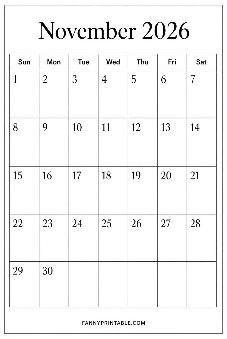 November 2026 Blank Printable Calendar Free PDF 2 November 2026 Blank Printable Calendar Free PDF 2