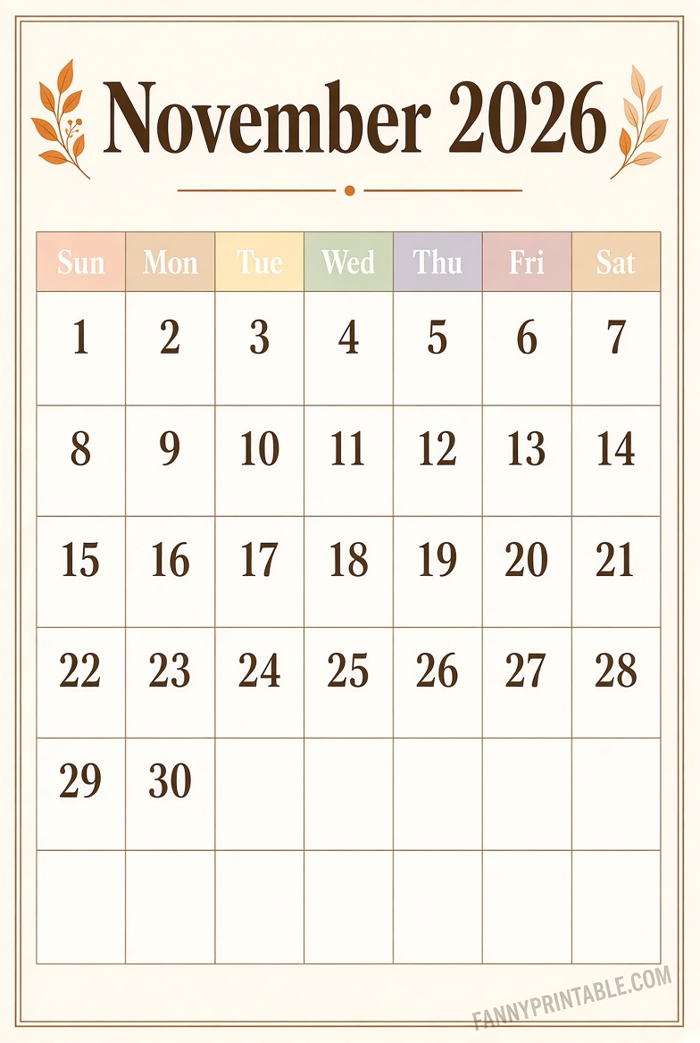 November 2026 Blank Printable Calendar Free PDF 3 November 2026 Blank Printable Calendar Free PDF 3