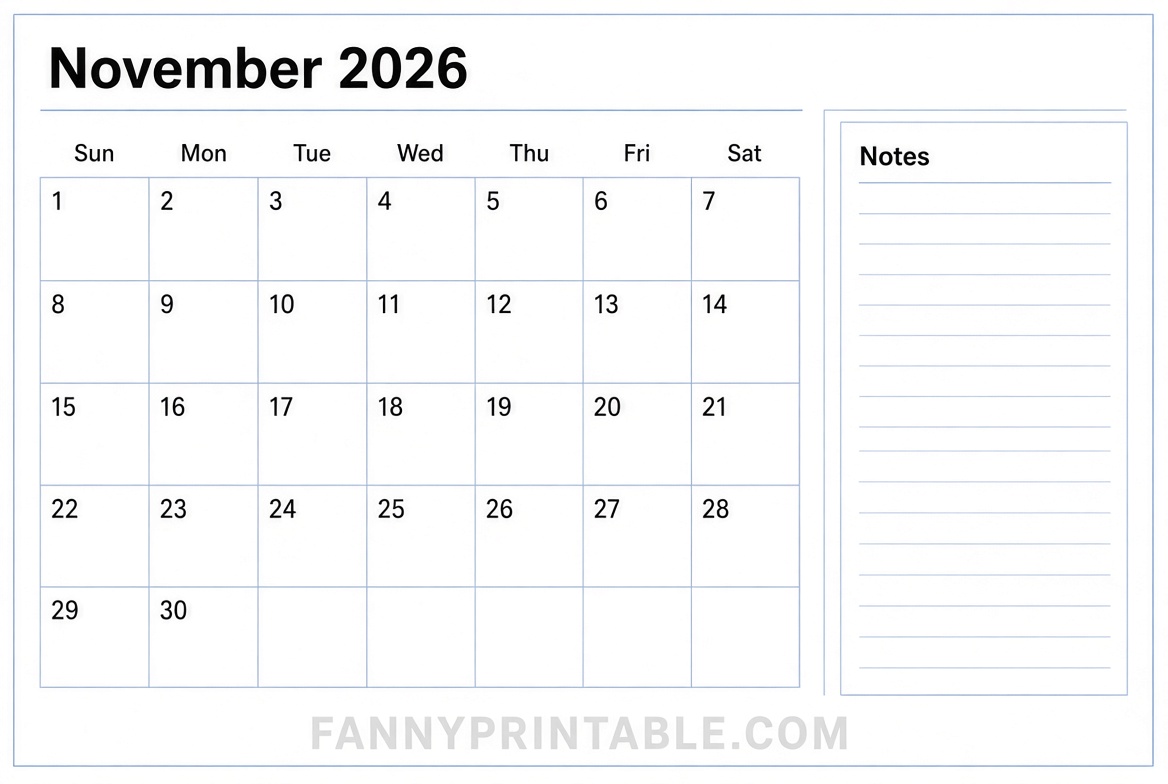 November 2026 Blank Printable Calendar Free PDF 4 November 2026 Blank Printable Calendar Free PDF 4