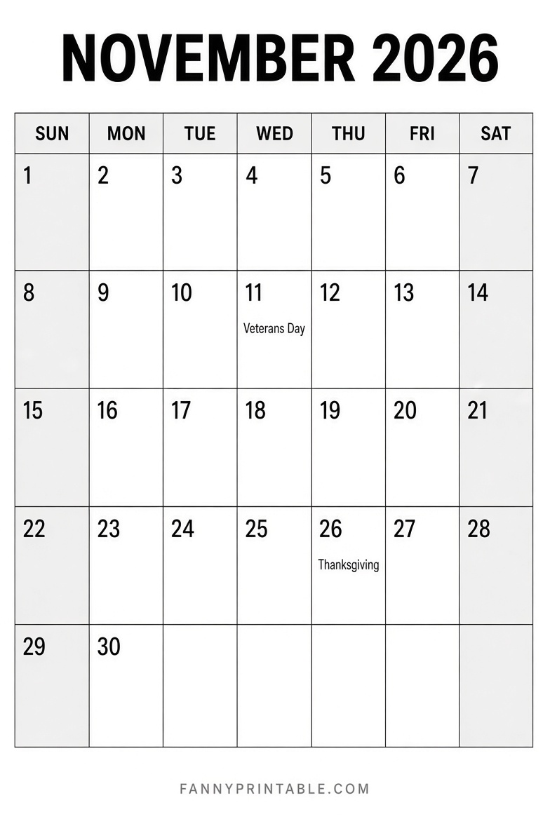 Free Printable November 2026 Calendar PDF