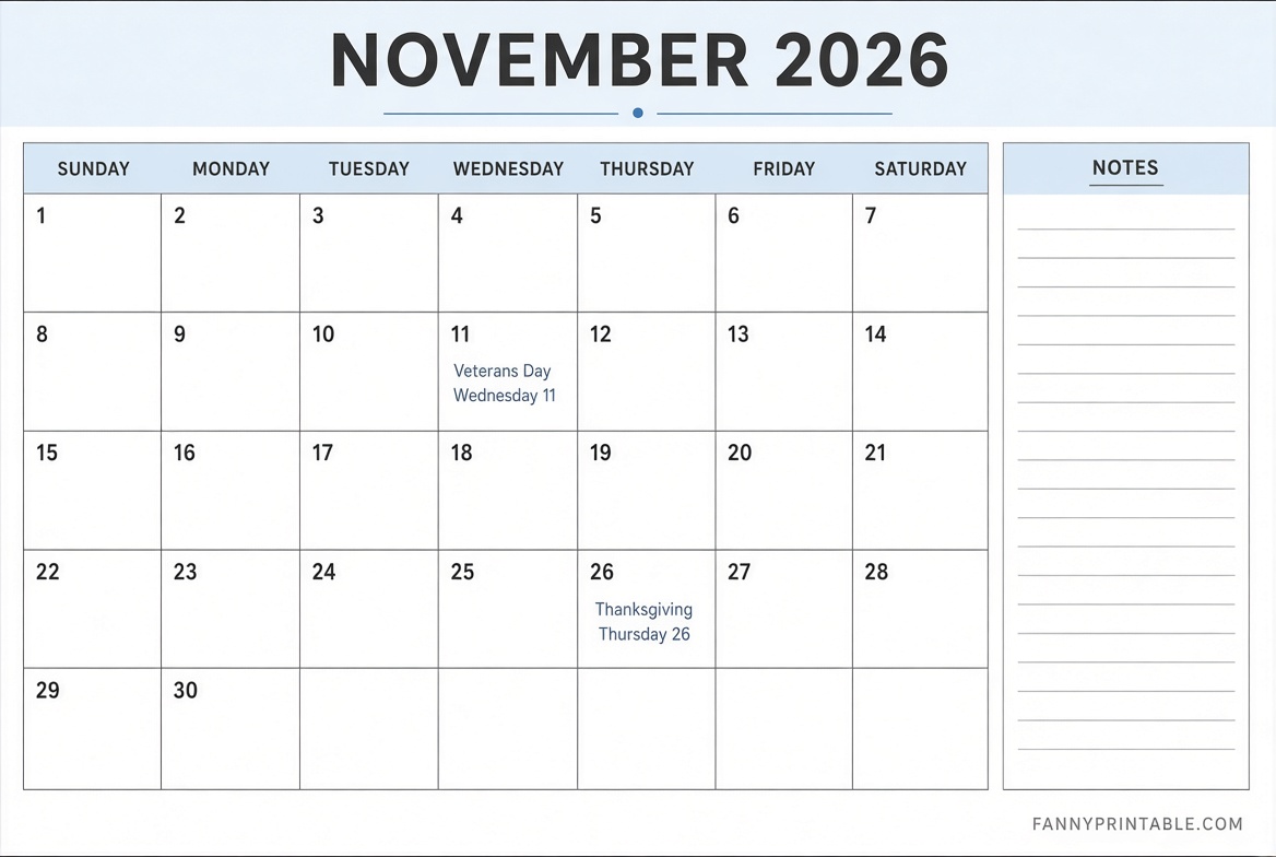 Free Printable November 2026 Calendar PDF