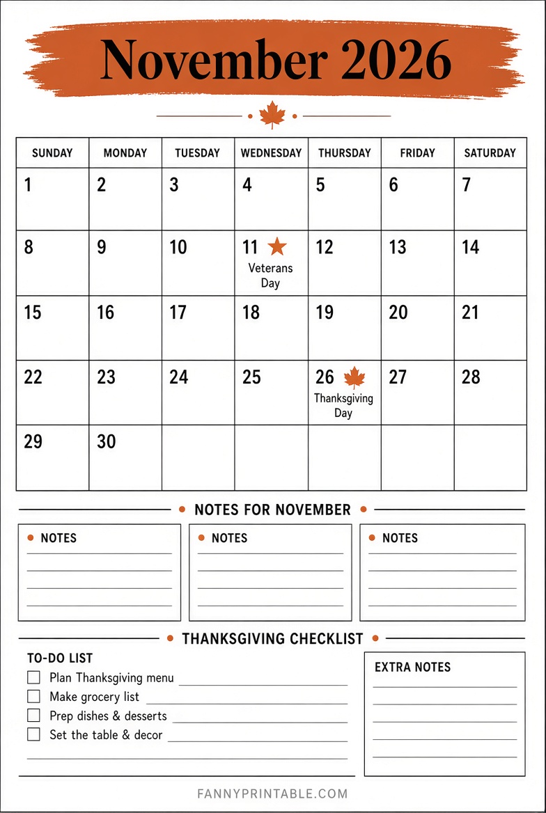 Free Printable November 2026 Calendar PDF