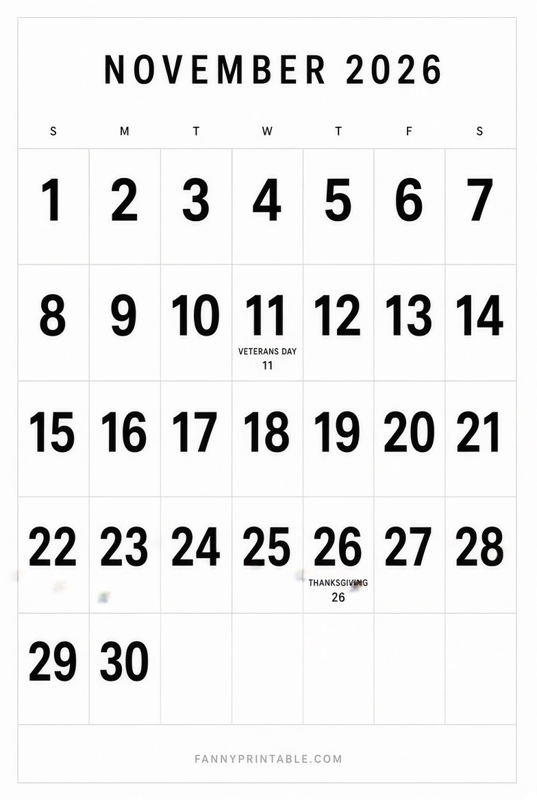 Free Printable November 2026 Calendar PDF