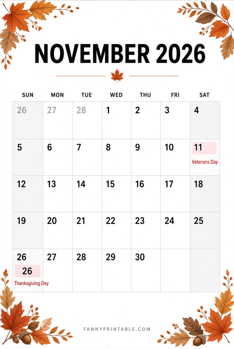 November 2026 Calendar with Holidays Free PDF 1 November 2026 Calendar with Holidays Free PDF