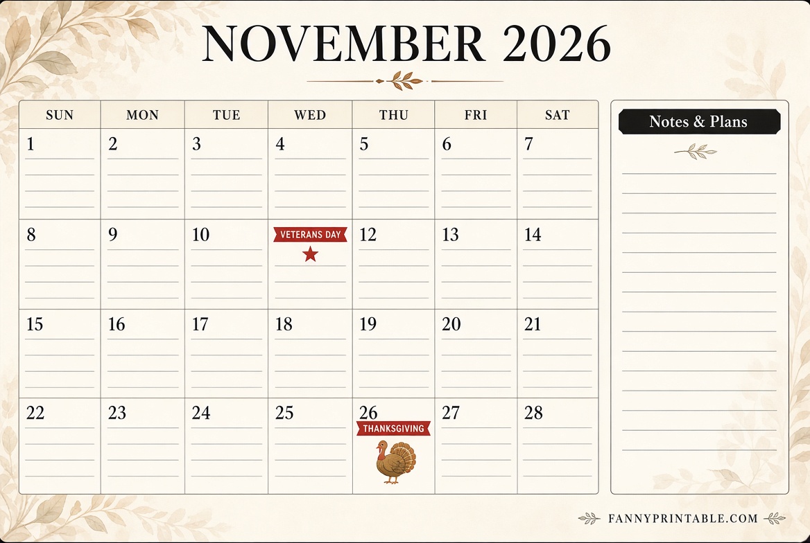 November 2026 Calendar with Holidays Free PDF 2 November 2026 Calendar with Holidays Free PDF