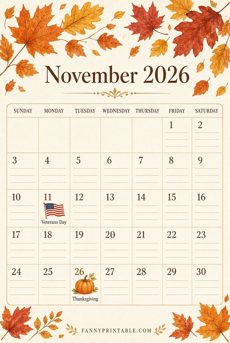 November 2026 Calendar with Holidays Free PDF 3 November 2026 Calendar with Holidays Free PDF