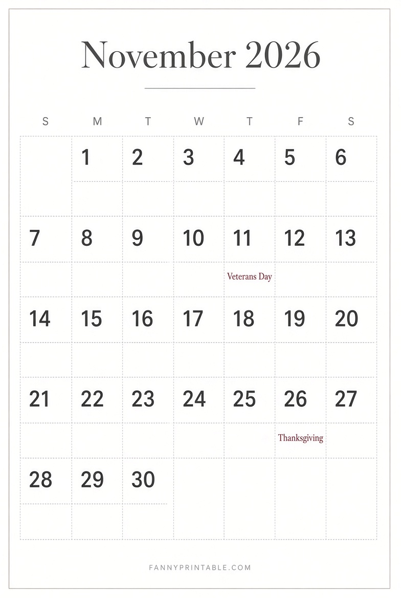 November 2026 Calendar with Holidays Free PDF 4 November 2026 Calendar with Holidays Free PDF