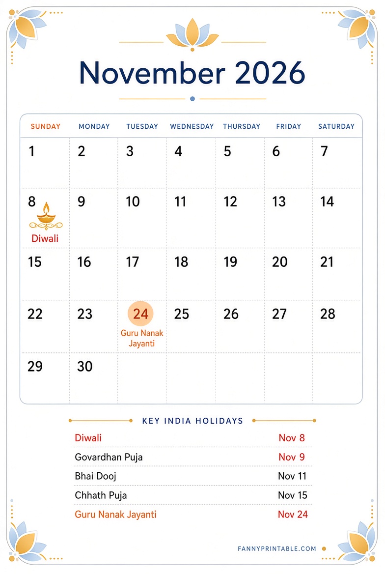 Nov 2026 India Calendar with Holidays Printable