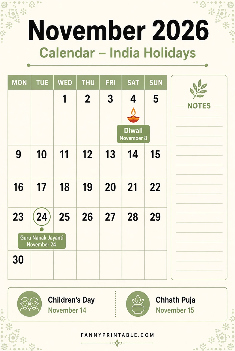 Nov 2026 India Calendar with Holidays Printable
