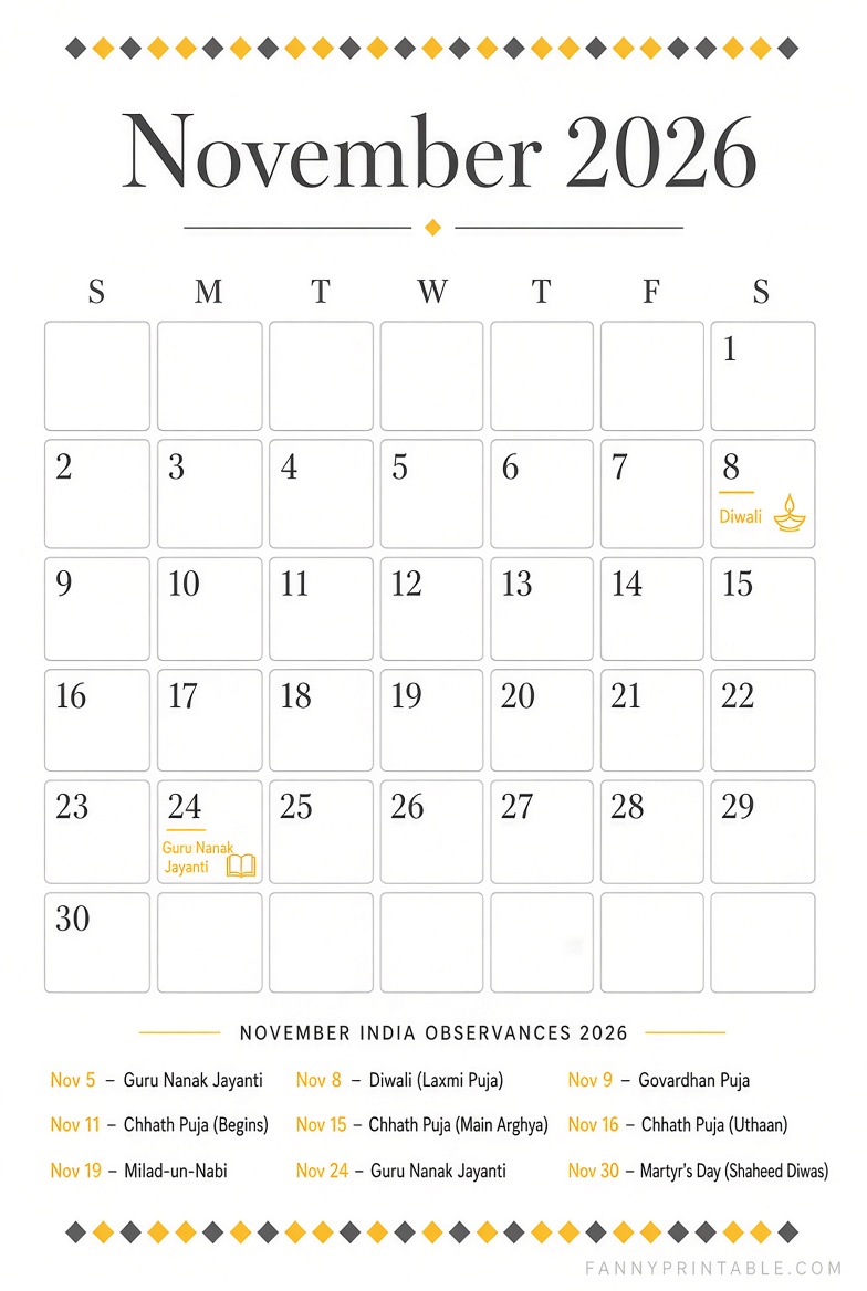 Nov 2026 India Calendar with Holidays Printable