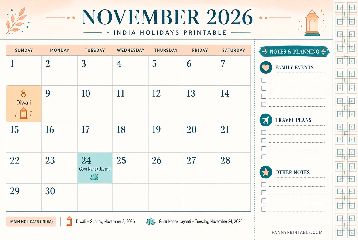Nov 2026 India Calendar with Holidays Printable