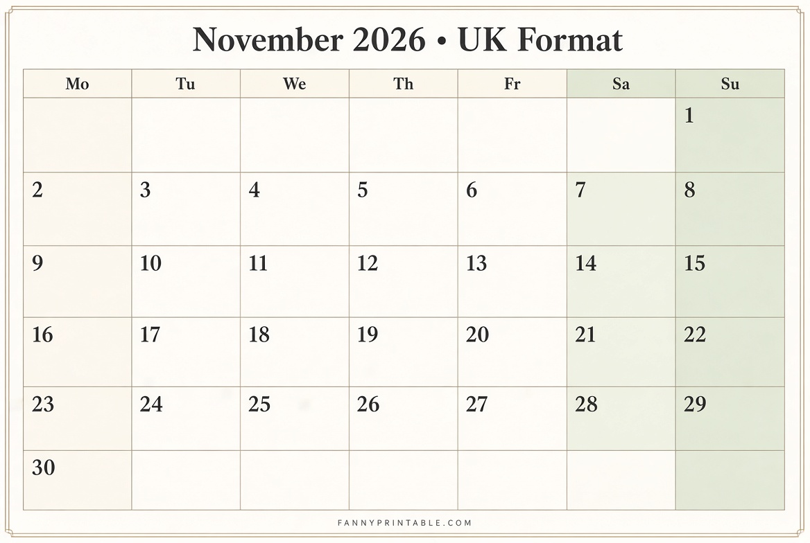 November 2026 Printable Calendar UK Free Download 3 November 2026 Printable Calendar UK Free Download