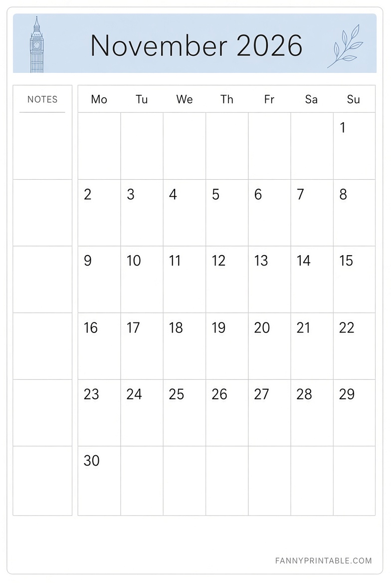 November 2026 Printable Calendar UK Free Download 4 November 2026 Printable Calendar UK Free Download
