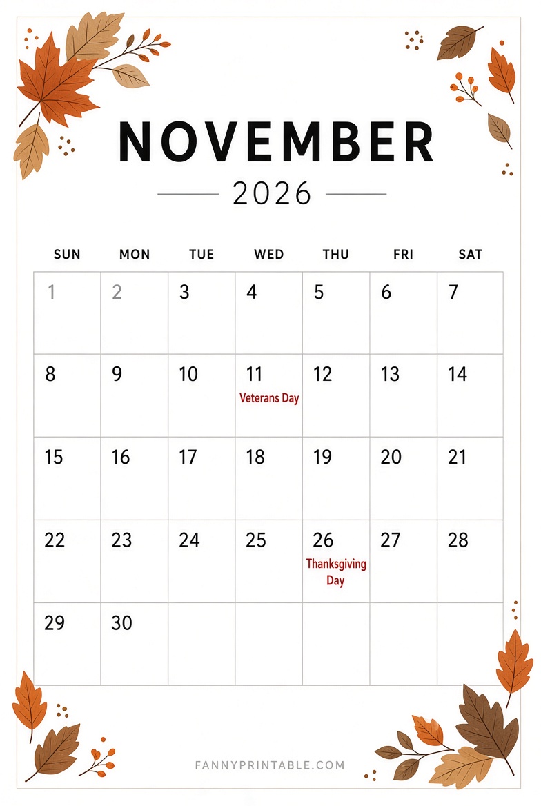 November 2026 Printable Calendar With Holidays