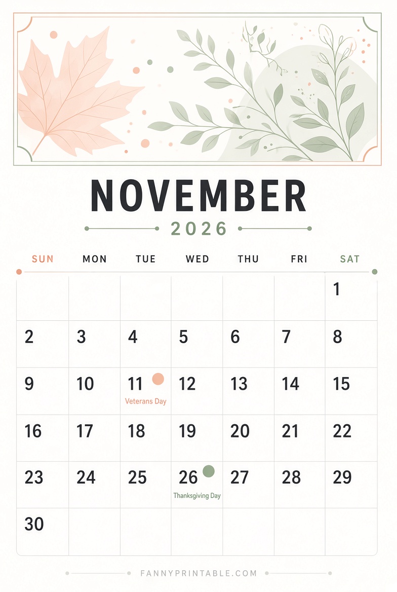 November 2026 Printable Calendar With Holidays