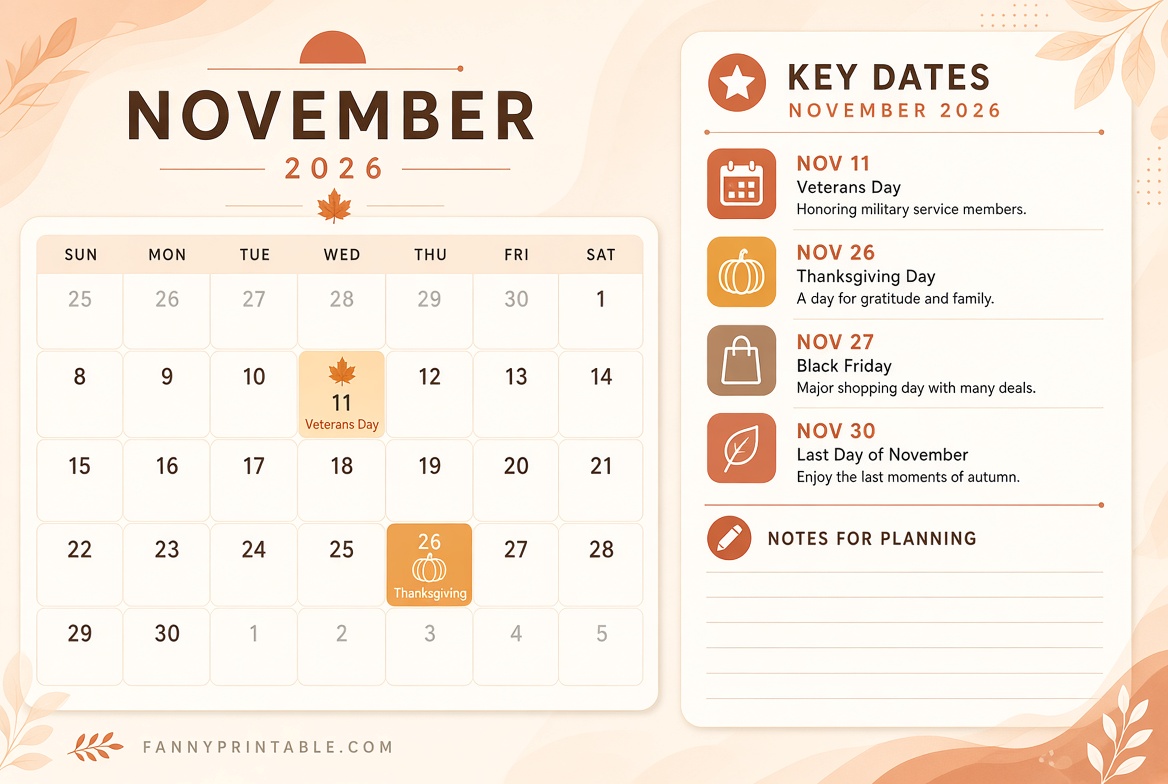 November 2026 Printable Calendar With Holidays