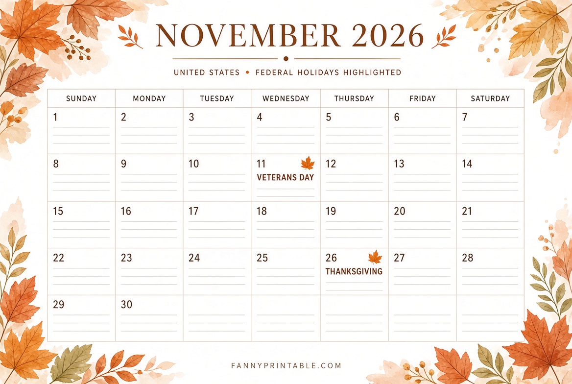 November 2026 Printable Calendar With Holidays