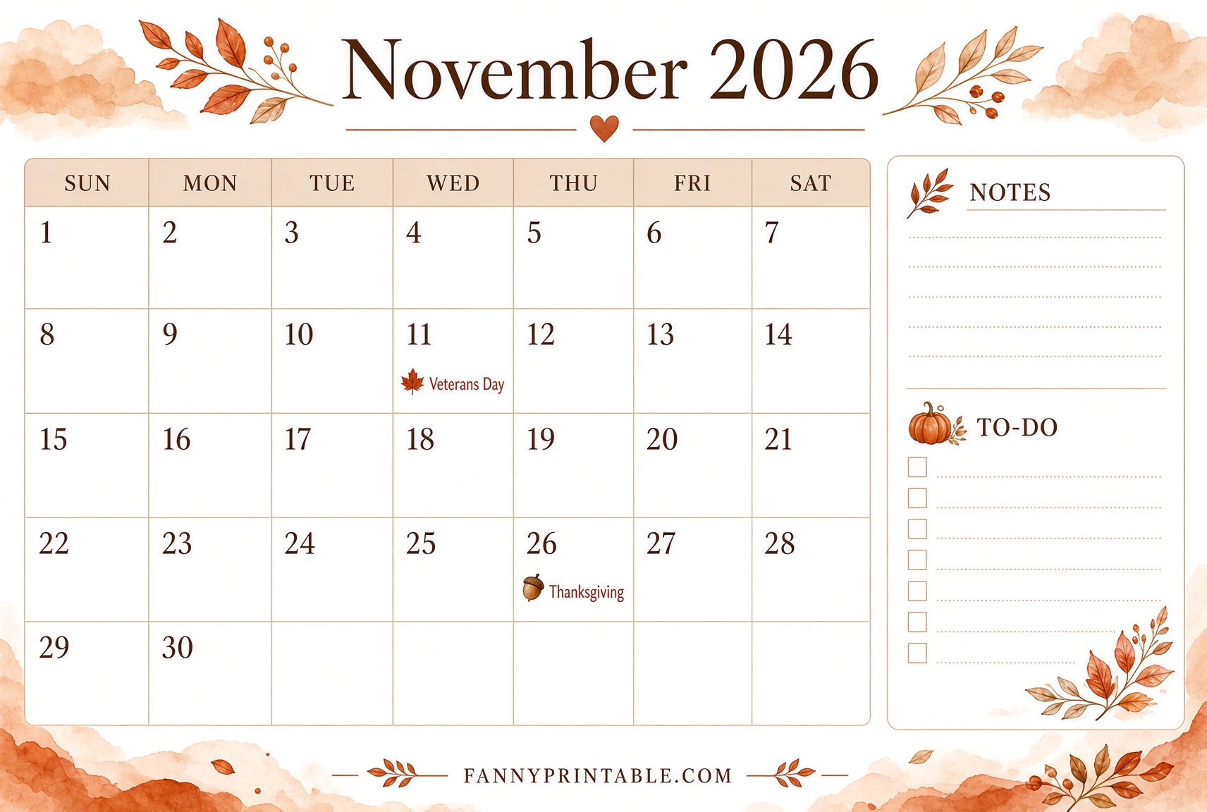 November 2026 Printable Calendar with Holidays 1 1 November 2026 Printable Calendar with Holidays