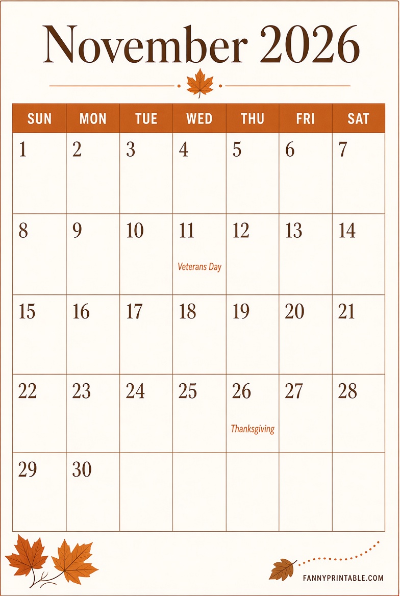 November 2026 Printable Calendar with Holidays 2 1 November 2026 Printable Calendar with Holidays
