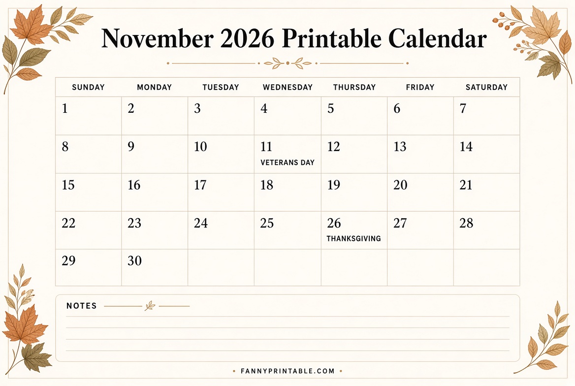 November 2026 Printable Calendar with Holidays 3 1 November 2026 Printable Calendar with Holidays