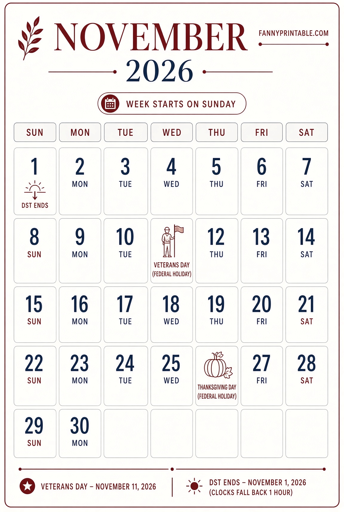 November 2026 Printable Calendar with Holidays 4 1 November 2026 Printable Calendar with Holidays
